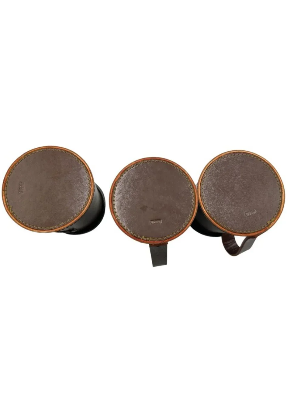 Set Of 3 Vintage Leather & Brass Emblem Tankard-Style Cups With Handles